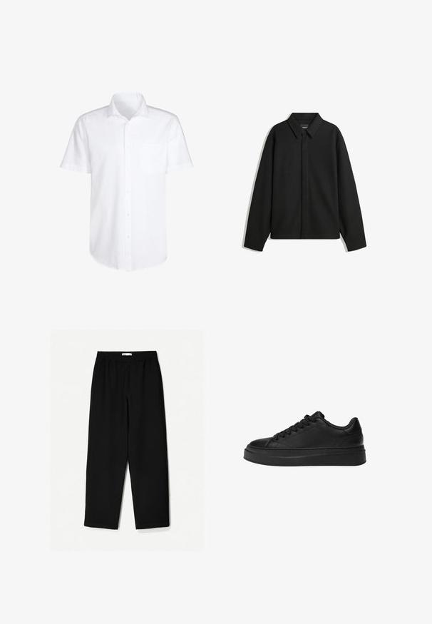 Giacca nera a maniche lunghe con colletto a punta, patta frontale e una texture liscia. Vestibilità rilassata con spalle scese.; Camicia bianca a maniche corte con bottoni realizzata in cotone, dotata di taschino sul petto e orlo curvo per un fit casual.; Pantaloni neri a gamba larga realizzati in un tessuto leggero. Presentano una vita elasticizzata e una texture liscia. Senza motivi visibili o accessori.; Sneaker nera realizzata in pelle liscia, con punta rotonda, suola piatta spessa e design classico con lacci a sei occhielli.
