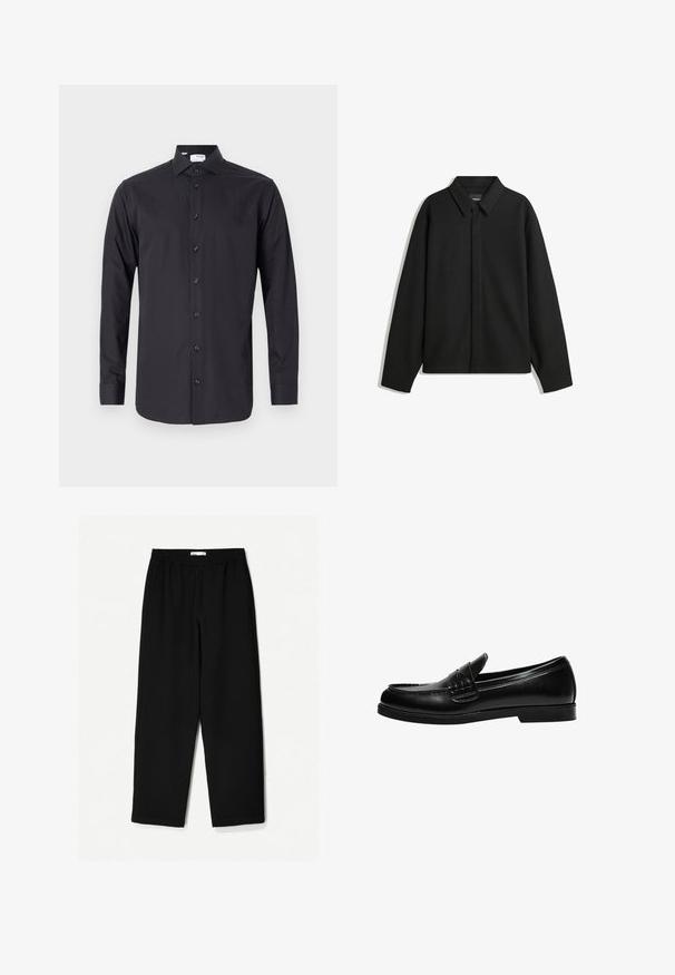 Črna dolga majica s kratkimi rokavi z ostrim ovratnikom, sprednjim zapiranjem in gladko teksturo. Ohlapen kroj z nizkimi rameni.; Črna dolgouvratna srajca iz gladkega materiala, z gumbi spredaj, ostro ovratnikom in z gumbi na manšetah.; Črne široke hlače iz lahkotnega materiala. Imajo elastičen pas in gladko teksturo. Brez vidnih vzorcev ali dodatkov.; Črne usnjene loafer čevlje z gladko površino, ki imajo šivano dekoracijo na vampu in nizko, trdo črno gumijasto podplat.