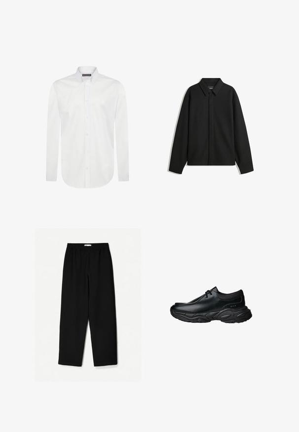Schwarze Langarmhemdjacke mit spitzem Kragen, Frontblende und glatter Textur. Lässiger Schnitt mit abgesenkten Schultern.; Weißes Langarmhemd aus glattem Baumwollstoff mit einem Kentkragen, einer durchgehenden Knopfleiste und einem kleinen, auf der Brust gestickten Logo.; Schwarze, weit geschnittene Hose aus leichtem Stoff. Mit elastischem Bund und glatter Textur. Keine sichtbaren Muster oder Beschläge.; Schwarze Leder-Slipper mit runder Spitze und dicker, strukturiertem Gummisohle. Besitzt dezente Nähte und elastische Akzente am Schaft.