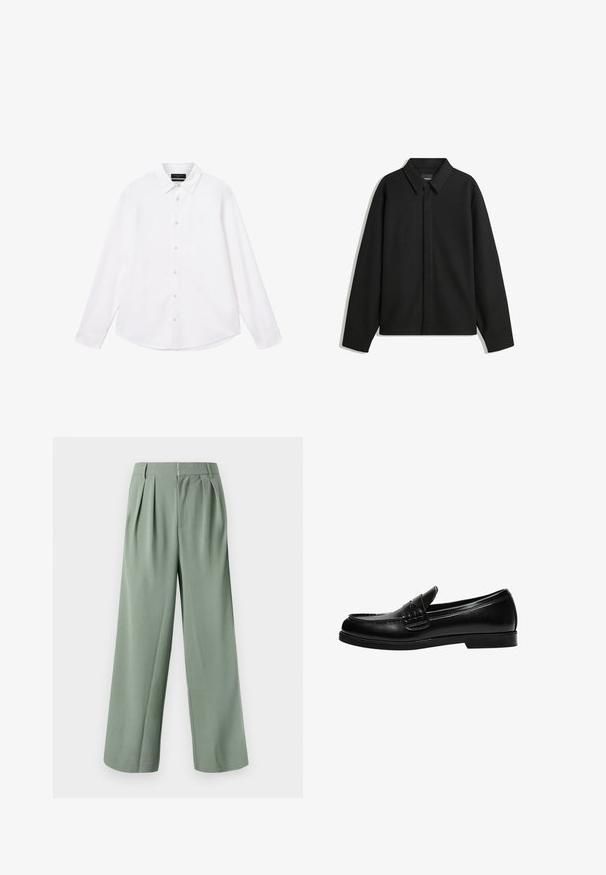 Musta pitkähihainen paita-takki, jossa on terävä kaulus, etupaneeli ja sileä materiaali. Rento istuvuus ja laskeutuvat olkapäät.; Valkoinen pitkähihaisuus paita, jossa on klassinen kaulus ja napitus edessä. Paidassa on sileä rakenne ja hennosti logo yksityiskohtana rintataskussa.; Vihreät leveät housut, joissa on laskokset, valmistettu sileästä kankaasta. Varustettu vetoketjukiinnityksellä ja kahdella sivutaskulla. Yksinkertainen, räätälöity muotoilu.; Musta nahka loaferi, jossa on sileä pinta, ja joka sisältää ommeltuja yksityiskohtia vampissa sekä matalan, kiinteän mustan kumipohjan.