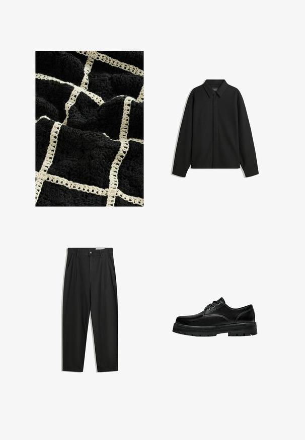 Giacca nera a maniche lunghe con colletto a punta, patta frontale e una texture liscia. Vestibilità rilassata con spalle scese.; Coperta nera texturizzata con un motivo a griglia color crema intrecciato, caratterizzata da disegni floreali in rilievo e una finitura morbida e pelosa.; Pantaloni in cotone neri con una vestibilità rilassata, dotati di una vita classica, pieghe frontali e tasche laterali. Tessuto liscio senza fantasie.; Scarpa nera in pelle con lacci, punta arrotondata, finitura texturizzata e suola in gomma spessa con battistrada profondo per una migliore aderenza.