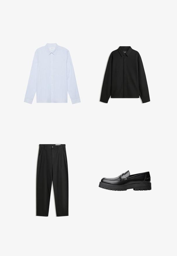 Zwarte lange mouwen overhemdjasje met een spitse kraag, voorste sluiting en een zachte textuur. Losse pasvorm met een verlaagde schouder.; Lichtblauw gestreepte overhemd met lange mouwen en knopen. Beschikt over een traditionele kraag, witte knopen en een gladde katoenmix stof.; Zwarte katoenen broeken met een losse pasvorm, voorzien van een klassieke tailleband, voorplooien en zijzakken. Gladde structuur zonder patronen.; Zwarte leren loafer met een chunky profielzool en een decoratieve band over de bovenkant, weergegeven in het linkerzijprofiel op een witte achtergrond.