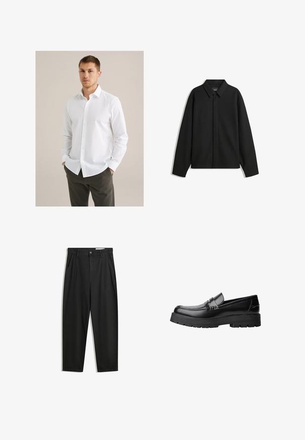 Zwarte lange mouwen overhemdjasje met een spitse kraag, voorste sluiting en een zachte textuur. Losse pasvorm met een verlaagde schouder.; Witte overhemded met een klassieke kraag, lange mouwen en een gladde structuur. Draag het met donkergroene broek, handen in de zakken.; Zwarte katoenen broeken met een losse pasvorm, voorzien van een klassieke tailleband, voorplooien en zijzakken. Gladde structuur zonder patronen.; Zwarte leren loafer met een chunky profielzool en een decoratieve band over de bovenkant, weergegeven in het linkerzijprofiel op een witte achtergrond.