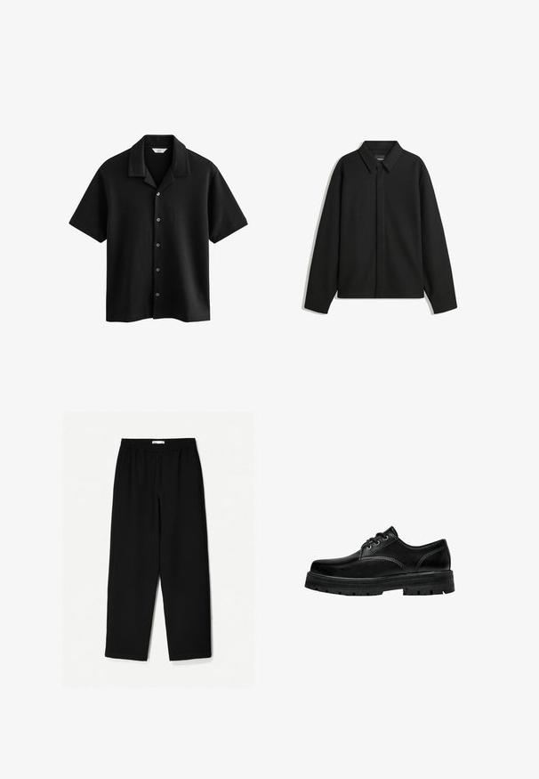 Schwarze Langarmhemdjacke mit spitzem Kragen, Frontblende und glatter Textur. Lässiger Schnitt mit abgesenkten Schultern.; Next CUBAN COLLAR REGULAR FIT - Hemd - black; Schwarze, weit geschnittene Hose aus leichtem Stoff. Mit elastischem Bund und glatter Textur. Keine sichtbaren Muster oder Beschläge.; Schwarze Leder Schnürschuhe mit abgerundeter Spitze, strukturiertem Finish und dicker Gummisohle mit tiefen Rillen für besseren Grip.