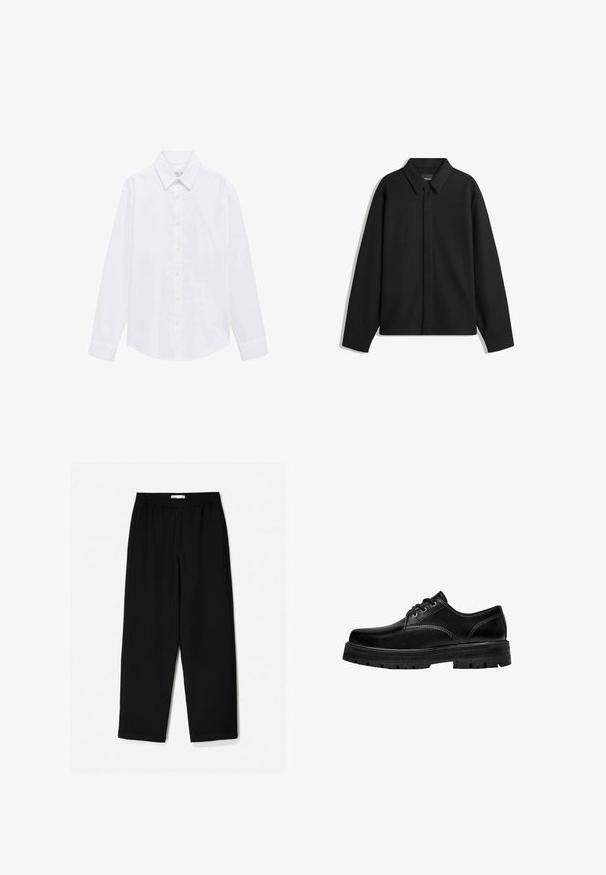 Jachetă neagră cu mâneci lungi și guler ascuțit, cu placket frontal și o textură netedă. Croială lejeră cu umeri lăsați.; Cămașă albă cu mâneci lungi din țesătură de bumbac. Are guler ascuțit, închidere cu butoane și manșete simple. Design minimalist, fără modele.; Pantaloni negri, largi, confecționați dintr-un material ușor. Au o talie elastică și o textură netedă. Fără modele vizibile sau accesorii metalice.; Pantofii din piele neagră, cu șireturi, au vârful rotunjit, un finisaj texturat și o talpă groasă din cauciuc, cu un profil adânc pentru aderență.