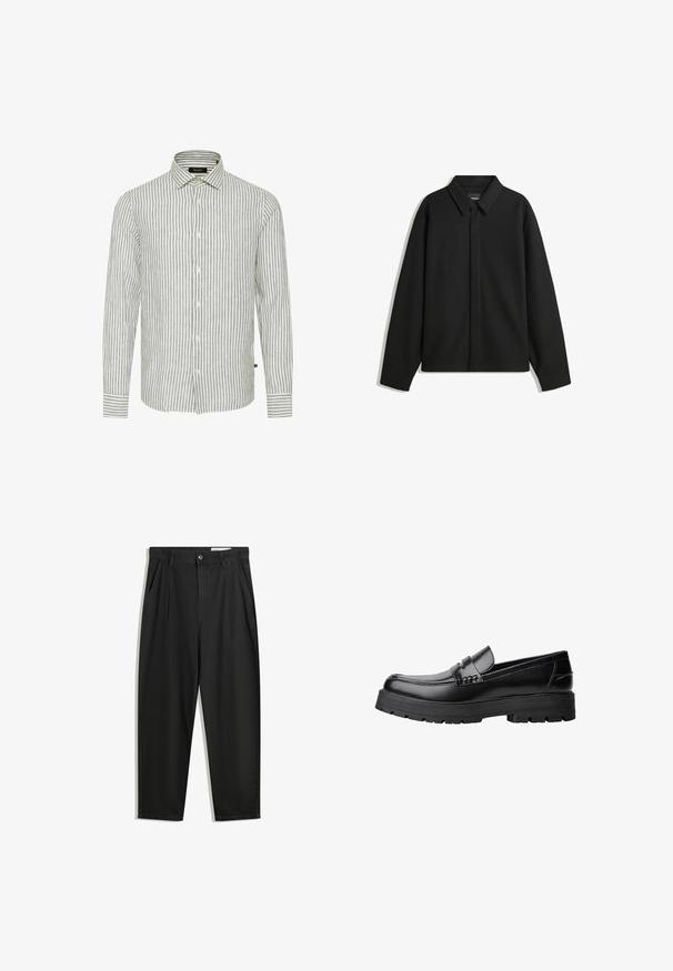 Czarna koszula-zakładka z długimi rękawami i spiczastym kołnierzykiem, z przodu z guzikami i gładką fakturą. Luźny krój z obniżonymi ramionami.; Szara i biała koszula zapinana na guziki, w paski, z długimi rękawami, klasycznym kołnierzykiem i z przodu zapinana na guziki; cechuje się teksturowanym materiałem i swobodnym fasonem.; Czarne bawełniane spodnie o luźnym kroju, z klasycznym pasem, przednimi plisy oraz bocznymi kieszeniami. Gładka struktura, bez wzorów.; Czarne skórzane mokasyny z grubą, bieżnikowaną podeszwą i dekoracyjnym paskiem na górze, pokazane w lewym profilu na białym tle.