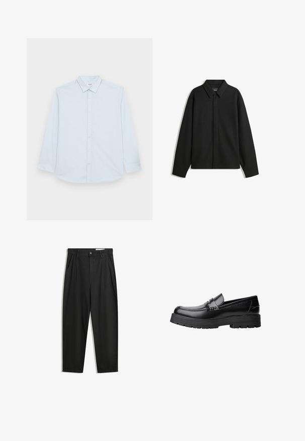 Schwarze Langarmhemdjacke mit spitzem Kragen, Frontblende und glatter Textur. Lässiger Schnitt mit abgesenkten Schultern.; Jack & Jones JJJOE PLAIN NOOS - Hemd - cashmere blue; Schwarze Baumwollhose mit lockerem Schnitt, ausgestattet mit einem klassischen Bund, vorderen Falten und Seiten taschen. Glatte Textur ohne Muster.; Schwarzer Lederloafer mit grobem, rutschfestem Sohlenprofil und dekorativem Riemen über der Oberseite, seitlich links auf weißem Hintergrund abgebildet.