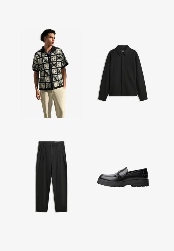 Giacca nera a maniche lunghe con colletto a punta, patta frontale e una texture liscia. Vestibilità rilassata con spalle scese.; Next REGULAR FIT - Camicia - black ecru white; Pantaloni in cotone neri con una vestibilità rilassata, dotati di una vita classica, pieghe frontali e tasche laterali. Tessuto liscio senza fantasie.; Mocassino in pelle nera con suola spessa e tassellata e fascia decorativa sulla parte superiore, mostrato in profilo sinistro su sfondo bianco.