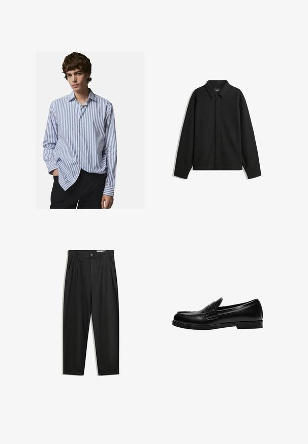 Sort langærmet skjortejakke med spids krave, frontklap og glat overflade. Relaxed fit med sænkede skuldre.; Stripet button-up skjorte i hvid og blå. Har en klassisk krave, lange ærmer og en afslappet pasform. Blødt stof med let glans.; Sorte bomuldsbukser med en afslappet pasform, der har en klassisk talje, frontfolder og sidelommer. Glat tekstur uden mønstre.; Sorte læder loafers med en glat overflade, der har en syning detalje på vampen og en lav, solid sort gummisål.