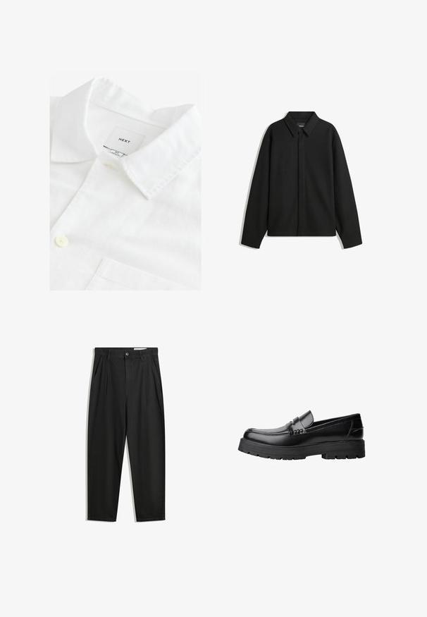 Zwarte lange mouwen overhemdjasje met een spitse kraag, voorste sluiting en een zachte textuur. Losse pasvorm met een verlaagde schouder.; Witte linnen overhemd met een spitse kraag, een enkele knoopsluiting en een borstzak. Etiket leest "NEXT," maat M. Zachte textuur.; Zwarte katoenen broeken met een losse pasvorm, voorzien van een klassieke tailleband, voorplooien en zijzakken. Gladde structuur zonder patronen.; Zwarte leren loafer met een chunky profielzool en een decoratieve band over de bovenkant, weergegeven in het linkerzijprofiel op een witte achtergrond.
