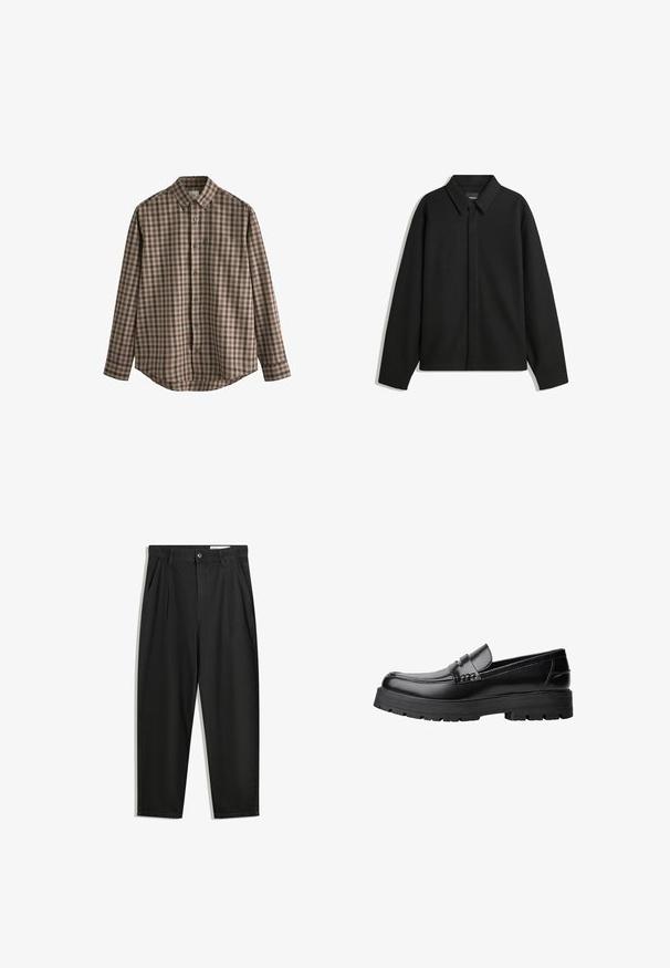Veste chemise noire à manches longues, avec un col pointu, une patte de boutonnage à l'avant et une texture lisse. Coupe décontractée avec épaules tombantes.; Next EASY IRON BUTTON DOWN - Chemise - brown gingham; Pantalon en coton noir avec une coupe décontractée, dotés d'une taille classique, de plis à l'avant et de poches latérales. Texture lisse sans motifs.; Mocassin en cuir noir avec semelle épaisse à motifs et une sangle décorative sur le dessus, présenté en profil sur le côté gauche sur fond blanc.