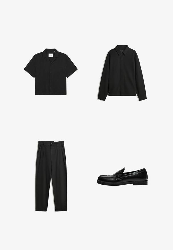 Schwarze Langarmhemdjacke mit spitzem Kragen, Frontblende und glatter Textur. Lässiger Schnitt mit abgesenkten Schultern.; Schwarzes kurzärmliges Hemd mit Knopfverschluss, flachem Kragen, glatter Textur und subtilen Mustern auf dem Stoff, innen mit "LES DEUX" etikettiert.; Schwarze Baumwollhose mit lockerem Schnitt, ausgestattet mit einem klassischen Bund, vorderen Falten und Seiten taschen. Glatte Textur ohne Muster.; Schwarze Lederloafer mit glatter Oberfläche, ausgestattet mit einer Nahtverzierung an der Vorderkappe und einer niedrigen, durchgehenden Gummisohle in Schwarz.
