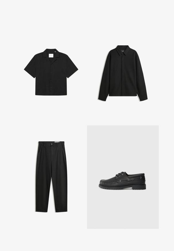Svart långärmad skjortjacka med spetsig krage, frontknäppning och en slät yta. Avslappnad passform med sänkta axlar.; Svart kortärmad skjorta med knappstängning, platt krage, slät textur och subtilt mönster på tyget, märkt "LES DEUX" invändigt.; Svarta bomullsshorts med avslappnad passform, med en klassisk midja, framveck och sidfickor. Slät textur utan mönster.; Svart läderskofor med tjock gummisula, snörning framtill och dekorativa sidöglor på en enkel ljusgrå bakgrund.