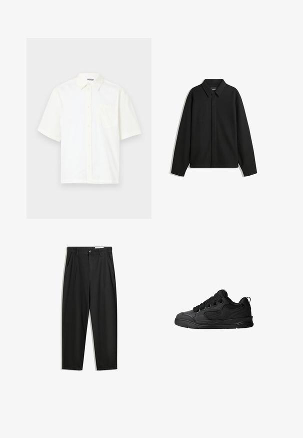 Giacca nera a maniche lunghe con colletto a punta, patta frontale e una texture liscia. Vestibilità rilassata con spalle scese.; Camicetta a maniche corte con bottoni in cotone bianco sporco. Presenta un colletto e una tasca sul lato sinistro del petto, con un design semplice e una texture morbida.; Pantaloni in cotone neri con una vestibilità rilassata, dotati di una vita classica, pieghe frontali e tasche laterali. Tessuto liscio senza fantasie.; Sneakers neri con una tomaia testurizzata, dotati di lacci, accenti in mesh per la traspirabilità, colletto imbottito e suola robusta.
