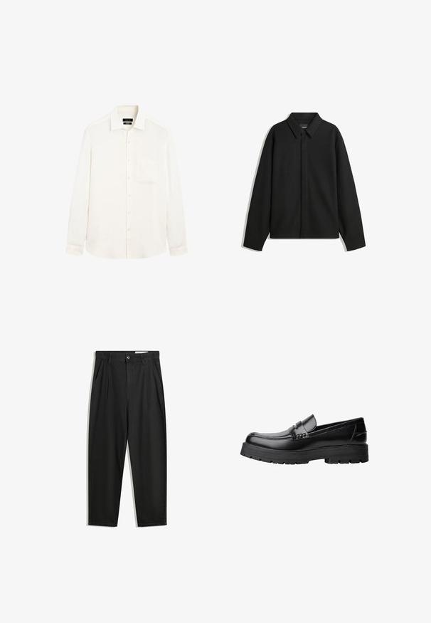 Schwarze Langarmhemdjacke mit spitzem Kragen, Frontblende und glatter Textur. Lässiger Schnitt mit abgesenkten Schultern.; Langärmliges, cremefarbenes Hemd aus leichtem Leinen mit einem Button-Down-Kragen und einer einzelnen Brusttasche. Das Hemd hat eine lockere Passform.; Schwarze Baumwollhose mit lockerem Schnitt, ausgestattet mit einem klassischen Bund, vorderen Falten und Seiten taschen. Glatte Textur ohne Muster.; Schwarzer Lederloafer mit grobem, rutschfestem Sohlenprofil und dekorativem Riemen über der Oberseite, seitlich links auf weißem Hintergrund abgebildet.