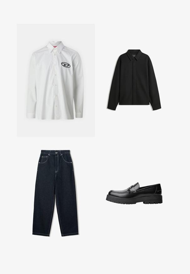 Musta pitkähihainen paita-takki, jossa on terävä kaulus, etupaneeli ja sileä materiaali. Rento istuvuus ja laskeutuvat olkapäät.; Valkoinen pitkähihaine paita, joka on valmistettu puuvillasta, ja siinä on nappikaulus sekä musta brodeerattu logo vasemmassa rintataskussa.; Laineet lahkeet, tummista denimiä, joissa on kontrastivalkoiset tikkaukset, viisi taskua ja nappisuljenta. Ominaisuutena korkea vyötärö.; Musta nahkainen loaferi, jossa on paksu urheilupohja ja koristeellinen hihna yläpääkkeellä, esitettynä vasemman sivuprofiilin kuvassa valkoista taustaa vasten.
