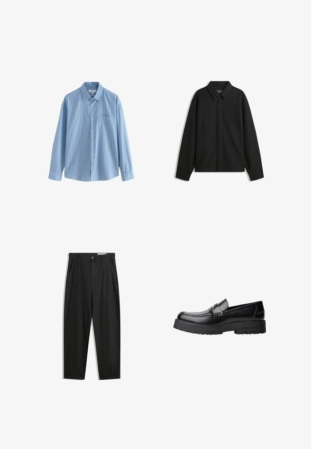 Giacca nera a maniche lunghe con colletto a punta, patta frontale e una texture liscia. Vestibilità rilassata con spalle scese.; Camicia a maniche lunghe di colore azzurro chiaro con righe verticali bianche e blu, con bottoni frontali, colletto classico e taschino a sinistra.; Pantaloni in cotone neri con una vestibilità rilassata, dotati di una vita classica, pieghe frontali e tasche laterali. Tessuto liscio senza fantasie.; Mocassino in pelle nera con suola spessa e tassellata e fascia decorativa sulla parte superiore, mostrato in profilo sinistro su sfondo bianco.