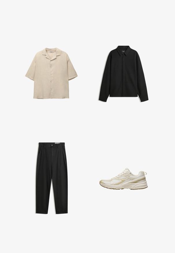 Jachetă neagră cu mâneci lungi și guler ascuțit, cu placket frontal și o textură netedă. Croială lejeră cu umeri lăsați.; Cămașă bej cu mânecă scurtă dintr-un material ușor, având un guler cu decupaj și cinci nasturi pe față, cu o croială lejeră.; Pantaloni negri din bumbac cu croială lejeră, având un brâu clasic, plii frontale și buzunare laterale. Textură netedă fără modele.; Adidași albi din plasă și material sintetic, cu vârf rotunjit, talpă amortizată și accente bej pe laterale.