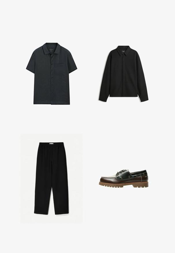 Giacca nera a maniche lunghe con colletto a punta, patta frontale e una texture liscia. Vestibilità rilassata con spalle scese.; Camicia a maniche corte con bottoni in tessuto grigio scuro, con colletto semplice, taschino singolo e una consistenza liscia.; Pantaloni neri a gamba larga realizzati in un tessuto leggero. Presentano una vita elasticizzata e una texture liscia. Senza motivi visibili o accessori.; Scarpa da barca in pelle marrone e nera con lacci, cuciture a contrasto e suola in gomma texturizzata. Presenta occhielli in metallo e punta arrotondata.