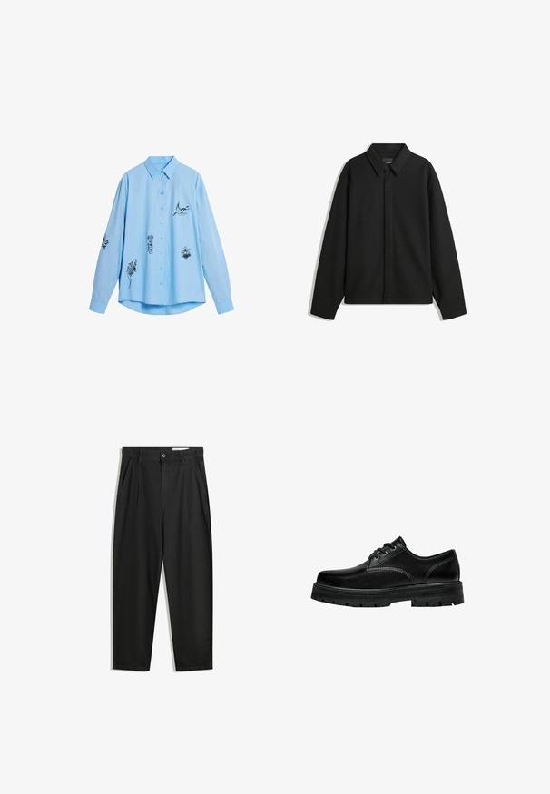 Schwarze Langarmhemdjacke mit spitzem Kragen, Frontblende und glatter Textur. Lässiger Schnitt mit abgesenkten Schultern.; Himmelblaues Baumwollhemd mit langen Ärmeln, das auf der Vorderseite und an den Ärmeln schwarze bestickte Tiermotive zeigt. Mit einem Button-Down-Kragen.; Schwarze Baumwollhose mit lockerem Schnitt, ausgestattet mit einem klassischen Bund, vorderen Falten und Seiten taschen. Glatte Textur ohne Muster.; Schwarze Leder Schnürschuhe mit abgerundeter Spitze, strukturiertem Finish und dicker Gummisohle mit tiefen Rillen für besseren Grip.