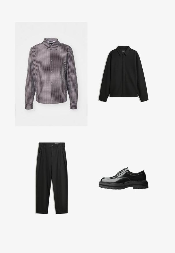 Czarna koszula-zakładka z długimi rękawami i spiczastym kołnierzykiem, z przodu z guzikami i gładką fakturą. Luźny krój z obniżonymi ramionami.; Koszula na guziki z długimi rękawami, w pionowy i poziomy atrapę kraty w kolorach granatu i burgundu, z kołnierzykiem i dwoma guzikami z przodu.; Czarne bawełniane spodnie o luźnym kroju, z klasycznym pasem, przednimi plisy oraz bocznymi kieszeniami. Gładka struktura, bez wzorów.; Czarny skórzany but o gładkim wykończeniu, okrągłym nosku, sześcioma otworami na sznurowadła i grubą, teksturowaną gumową podeszwą.