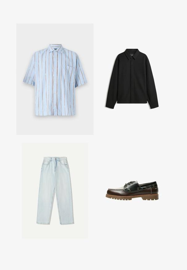 Svart långärmad skjortjacka med spetsig krage, frontknäppning och en slät yta. Avslappnad passform med sänkta axlar.; Ljusblå kortärmad skjorta med vertikala vita och bruna ränder, med knappstängning framtill och en enkel bröstficka.; Ljust blå denimjeans med avslappnad passform, raka ben, femfickorsdesign och subtila blekningar på tyget.; Brun och svart lädersko i båtstil med snörning, kontrastsömmar och en texturerad gummisula. Har metalldetaljer vid hålen för snörena och en rundad tå.