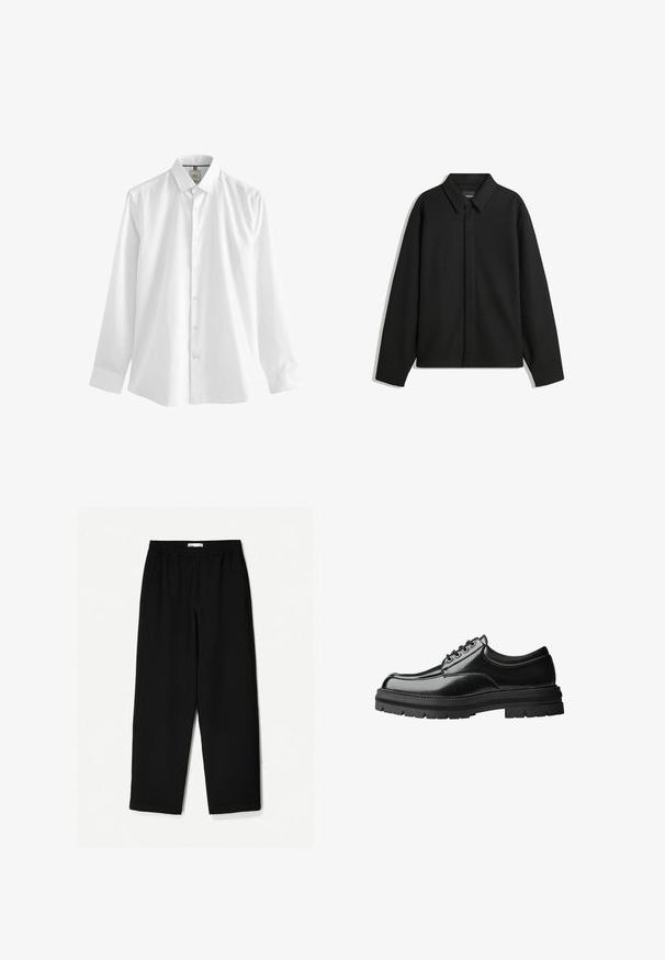 Schwarze Langarmhemdjacke mit spitzem Kragen, Frontblende und glatter Textur. Lässiger Schnitt mit abgesenkten Schultern.; Weißes Langarmhemd aus Baumwolle mit klassischem Kragen, Vorderknopfverschluss und geradem Saum mit Manschetten an den Handgelenken.; Schwarze, weit geschnittene Hose aus leichtem Stoff. Mit elastischem Bund und glatter Textur. Keine sichtbaren Muster oder Beschläge.; Schwarzes Leder-Schuhwerk mit glatter Oberfläche, runder Spitze, sechslöchrigem Schnürdesign und dickem, strukturiertem Gummisohle.