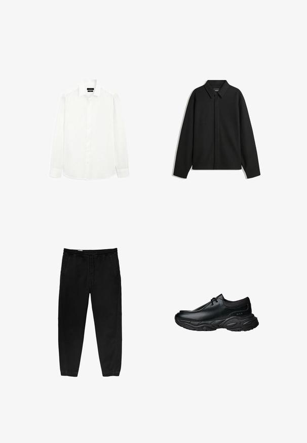 Sort langærmet skjortejakke med spids krave, frontklap og glat overflade. Relaxed fit med sænkede skuldre.; Hvid langærmet skjorte med klassisk krave, knaplukning foran og lige skæring i kanten. Lavet af letvægtsstof med en glat overflade.; Sorte elastiske bukser med snøre i taljen, tapered ben, sidelommer og subtile side-syning detaljer. Blød bomuldsstof struktur.; Sorte læder slip-on sko med rund tå og tykk tekstureret gummisål. Har diskret syninger og elastiske detaljer ved kraven.