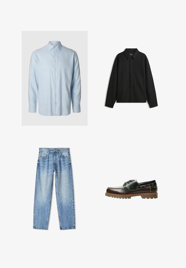 Svart långärmad skjortjacka med spetsig krage, frontknäppning och en slät yta. Avslappnad passform med sänkta axlar.; Ljusblå långärmad skjorta av mjukt tyg, med klassisk krage och knäppning framtill med sex matchande knappar.; Ljusblå denimjeans med lös passform, rak bendesign, fem fickor och blekt utseende. Inkluderar en framsidan knapp och dragkedjestängning.; Brun och svart lädersko i båtstil med snörning, kontrastsömmar och en texturerad gummisula. Har metalldetaljer vid hålen för snörena och en rundad tå.