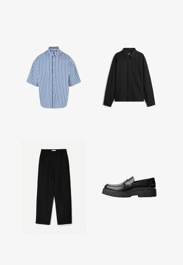 Giacca nera a maniche lunghe con colletto a punta, patta frontale e una texture liscia. Vestibilità rilassata con spalle scese.; Camicia a maniche corte con bottoni, caratterizzata da righe verticali blu e bianche, colletto classico e vestibilità rilassata con orlo dritto.; Pantaloni neri a gamba larga realizzati in un tessuto leggero. Presentano una vita elasticizzata e una texture liscia. Senza motivi visibili o accessori.; Mocassino in pelle nera con suola spessa e tassellata e fascia decorativa sulla parte superiore, mostrato in profilo sinistro su sfondo bianco.