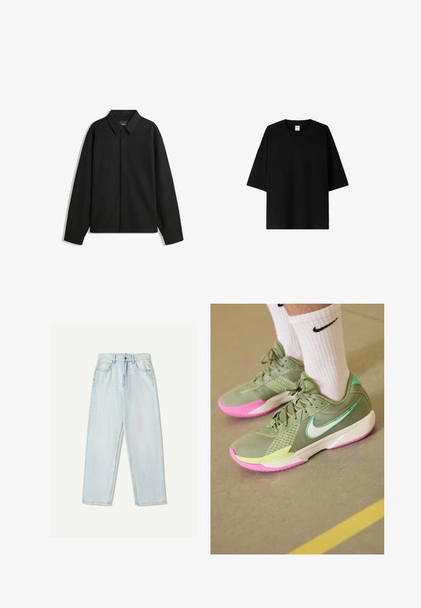 Fekete, hosszú ujjú ingdzseki hegyes gallérral, elülső gombolással és sima textúrával. Laid-back fit, lekonyult vállakkal.; Fekete, bő szabású póló rövid ujjakkal, kerek nyakkivágással, pamut anyagból készült, varrás nélküli kialakítással és egyenes alsó résszel.; Világoskék farmernadrág, laza szabással, egyenes szárú kialakítással, öt zsebes stílussal és finom elhalványulással az anyagon.; Nike Performance GT CUT ACADEMY - Kosárlabdacipők - oil green/sail/spring green