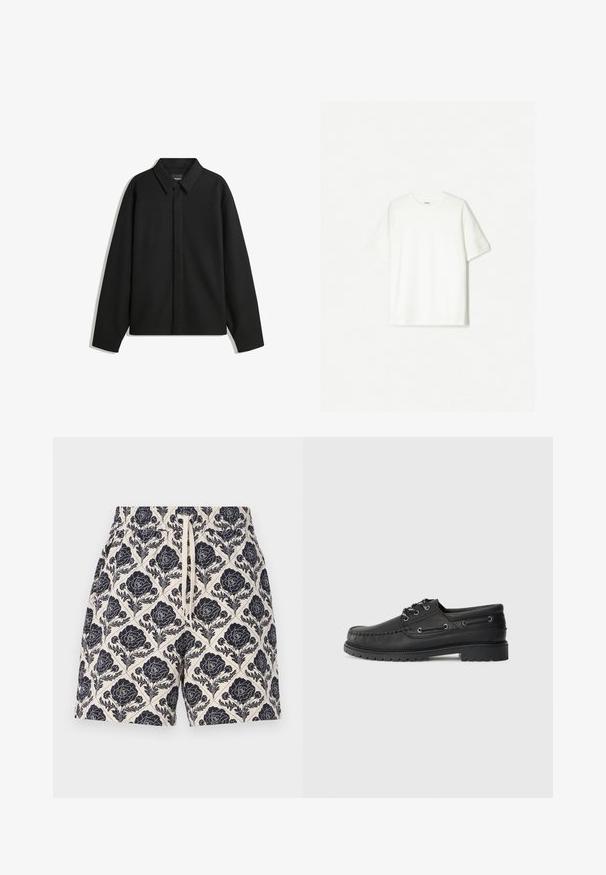 Črna dolga majica s kratkimi rokavi z ostrim ovratnikom, sprednjim zapiranjem in gladko teksturo. Ohlapen kroj z nizkimi rameni.; Bela kratka majica s kratkimi rokavi iz mehkega bombaža. Oblečen kroj s sproščenim prileganjem in brez vidnih logotipov ali vzorcev.; Tiskane kratke hlače v kremni barvi z mornarsko modrim cvetličnim vzorcem, z elastiko v pasu in vrvico, izdelane iz lahkotnega materiala.; Črne usnjene čolnarice z debelim gumijastim podplatom, vezanjem spredaj in dekorativnimi stranskimi očesi na enobarvni svetlo sivi podlagi.