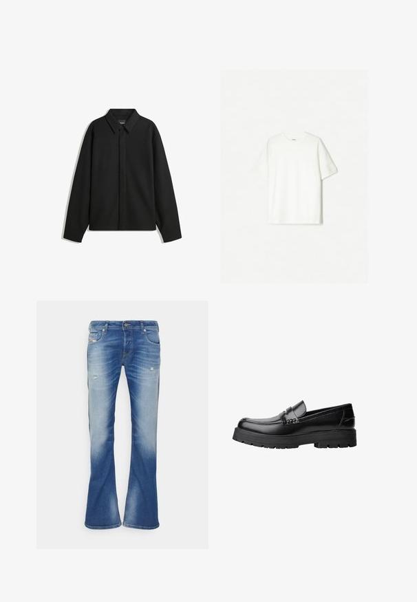 Čierna košeľa s dlhým rukávom vo forme bundy s špicatým golierom, prednou légou a hladkou textúrou. Voľný strih s spadnutými plecami.; Biele tričko s krátkym rukávom vyrobené z mäkkého bavlneného materiálu. S dizajnom s okrúhlym výstrihom, vo voľnom strihu, bez viditeľných log či vzorov.; Modré vyblednuté bootcut džínsy s miernym poškodením na predných stehnách a klasickým päť-vreckovým dizajnom na bielom pozadí.; Čierne kožené mokasíny s masívnou podrážkou a dekoratívnym pásom cez hornú časť, zobrazené z ľavého bočného profilu na bielom pozadí.