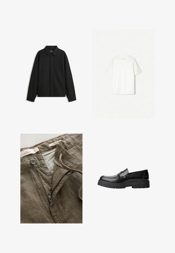 Crna jakna s dugim rukavima i oštrim ovratnikom, prednjim kopčanjem i glatkom teksturom. Opušteni kroj s spuštenim ramenima.; Bijela majica kratkih rukava napravljena od mekog pamuka. Dizajn s okruglim izrezom i opuštenim krojem bez vidljivih logotipa ili uzoraka.; Smeđe lanene hlače s prednjim patentnim zatvaračem, kopčanjem na gumb i prugastom unutarnjom podstavom. Uključuju detalje šivanja i etikete.; Crna kožna mokasina s debelim potplatima i dekorativnom trakom preko gornjeg dijela, prikazana u lijevom bočnom profilu na bijeloj pozadini.