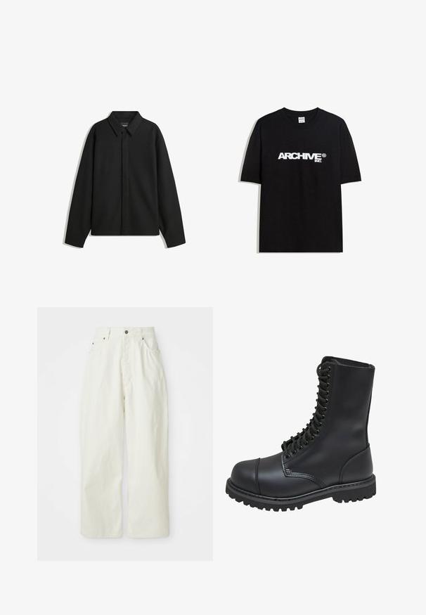 Jachetă neagră cu mâneci lungi și guler ascuțit, cu placket frontal și o textură netedă. Croială lejeră cu umeri lăsați.; Tricou din bumbac negru cu un logo alb "ARCHIVE inc." pe piept, mâneci scurte și guler rotund.; Pantaloni albi cu picioare largi din bumbac, având talie înaltă, cinci buzunare și închidere cu nasture metalic. Textură netedă cu un design minimalist.; Botă de luptă din piele neagră, cu un șold înalt, și închidere cu șireturi în față, guler căptușit și talpă texturată, rezistentă, pentru aderență. Include vârf întărit.