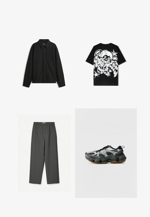 Čierna košeľa s dlhým rukávom vo forme bundy s špicatým golierom, prednou légou a hladkou textúrou. Voľný strih s spadnutými plecami.; Čierne bavlnené tričko s veľkým bielym návrhom anjela v graffitovom štýle na chrbte, s podrobnými krídlami a hviezdami ako akcentami.; Tmavohnedé, vysoko pásové nohavice s širokými nohami vyrobené z ľahkej tkaniny. Elastický pás, bez viditeľných vzorov a bočné vrecká.; Čierne a šedé športové topánky s sieťovaným zvrškom, tvarovanou podrážkou a gumovou podrážkou. Obsahuje bezpečný systém šnurovania a ťahaciu pätku.