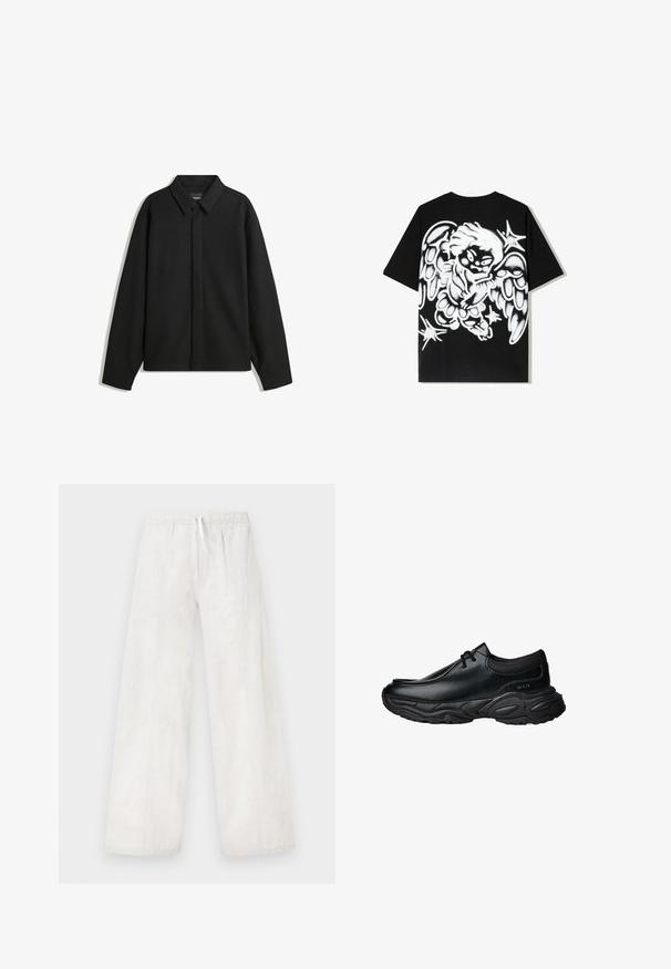 Schwarze Langarmhemdjacke mit spitzem Kragen, Frontblende und glatter Textur. Lässiger Schnitt mit abgesenkten Schultern.; Schwarzes Baumwoll-T-Shirt mit einem großen weißen Graffiti-Engel-Design auf dem Rücken, mit detaillierten Flügeln und Sternakzenten.; Weiße Leinen-Hose mit weitem Bein, elastischem Bund und Kordelzugdetail. Glatte Textur und gerader Schnitt, mit Seitennähten.; Schwarze Leder-Slipper mit runder Spitze und dicker, strukturiertem Gummisohle. Besitzt dezente Nähte und elastische Akzente am Schaft.