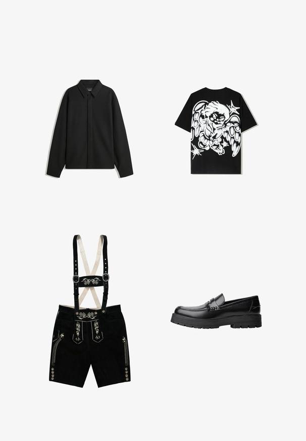 Czarna koszula-zakładka z długimi rękawami i spiczastym kołnierzykiem, z przodu z guzikami i gładką fakturą. Luźny krój z obniżonymi ramionami.; Czarna bawełniana koszulka z dużym białym wzorem anioła w stylu graffiti z tyłu, z detalicznymi skrzydłami i akcentami gwiazd.; Czarne zamszowe lederhosen z haftowanymi wzorami kwiatowymi, regulowanymi ramiączkami, srebrnymi guzikami i bocznymi kieszeniami. Akcenty w srebrnej nitce.; Czarne skórzane mokasyny z grubą, bieżnikowaną podeszwą i dekoracyjnym paskiem na górze, pokazane w lewym profilu na białym tle.