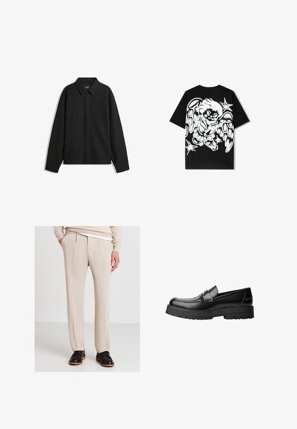 Giacca nera a maniche lunghe con colletto a punta, patta frontale e una texture liscia. Vestibilità rilassata con spalle scese.; T-shirt in cotone nera con un grande design di un angelo in stile graffiti bianco sulla schiena, con ali dettagliate e accenti di stelle.; Calliope TINTA UNITA - Pantaloni - corda; Mocassino in pelle nera con suola spessa e tassellata e fascia decorativa sulla parte superiore, mostrato in profilo sinistro su sfondo bianco.