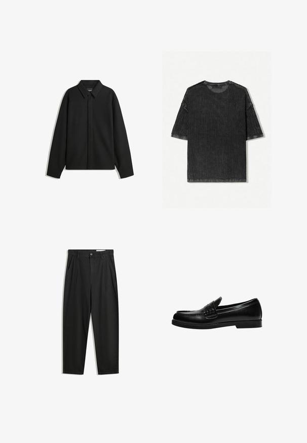 Jachetă neagră cu mâneci lungi și guler ascuțit, cu placket frontal și o textură netedă. Croială lejeră cu umeri lăsați.; Tricou negru cu maneci scurte, cu textură ribbată, gât de tip crew și o croială lejeră, cu un model uniform și tiv drept.; Pantaloni negri din bumbac cu croială lejeră, având un brâu clasic, plii frontale și buzunare laterale. Textură netedă fără modele.; Loafers din piele neagră cu un finisaj neted, având un detaliu de cusătură pe gât și o talpă joasă din cauciuc negru solid.