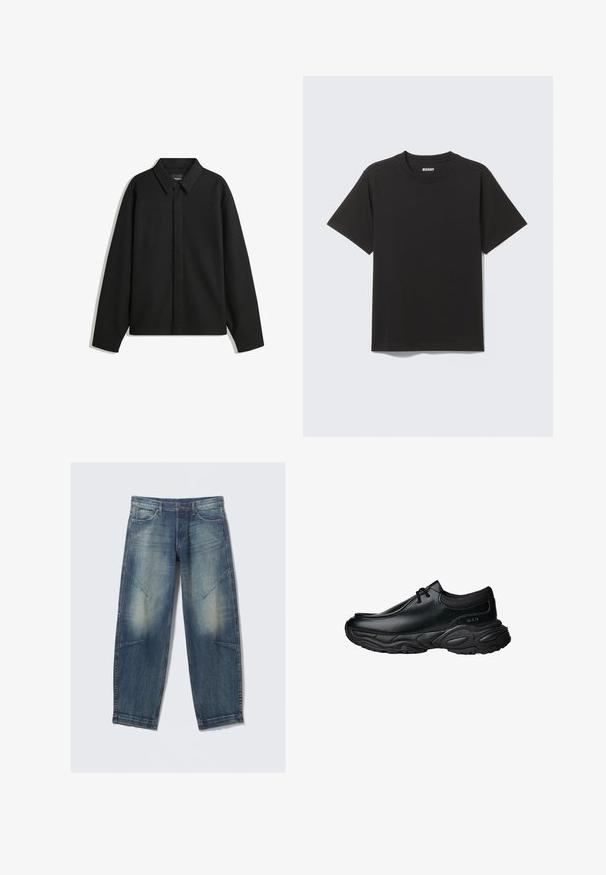 Jachetă neagră cu mâneci lungi și guler ascuțit, cu placket frontal și o textură netedă. Croială lejeră cu umeri lăsați.; Tricou negru cu mâneci scurte din bumbac moale, cu guler rotund și design simplu, fără modele sau accente.; Blugi din denim decolorat albastru, cu buzunare frontale, bucle pentru curea și cusături decorative pe coapse și genunchi, întinși pe un fond alb.; Pantofi negri din piele, tip slip-on, cu vârf rotunjit și talpă din cauciuc texturat, gros. Prezintă cusături fine și accente elastice la guler.