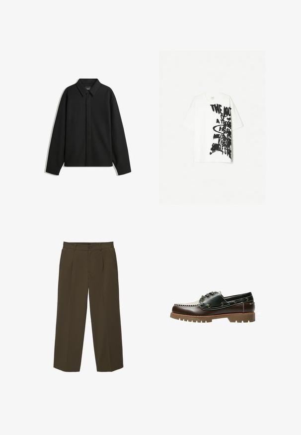 Jachetă neagră cu mâneci lungi și guler ascuțit, cu placket frontal și o textură netedă. Croială lejeră cu umeri lăsați.; Tricou alb din bumbac, cu o croială lejeră, cu un text grafic bold, negru, care acoperă partea din față. Mâneci scurte și design cu guler rotund.; Pantaloni maro, cu croială lejeră, dintr-un material moale, cu talie plată, buzunare laterale și închidere cu nasture la talie. Design simplu, fără tipare.; Pantof cu bărci din piele maro și verde, cu un design cusut alb, șireturi rotunde și o talpă din cauciuc texturată. Construcție durabilă cu orificii pentru șireturi din metal.