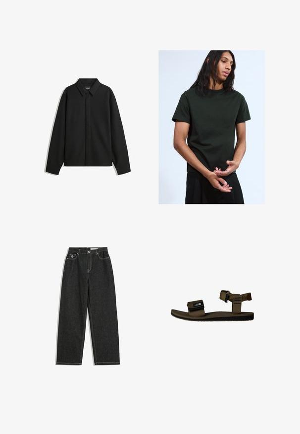 Černá bunda s dlouhým rukávem, špičatým límcem, přední légou a hladkým texturem. Volný střih s kleslými rameny.; Černé tričko s krátkým rukávem vyrobené z bavlny s kulatým výstřihem. Má uvolněný střih a minimální branding na límci.; Černé džíny rovného střihu s bílým prošíváním, design se pěti kapsami, zapínání na knoflík a zip a malé logo na přední pravé kapse.; Hnědé sandály na pásku s texturovanou stélkou, nastavitelným páskem kolem kotníku a uzávěrem na suchý zip. Černé akcenty a logo na pásku.