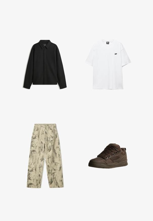 Crna jakna s dugim rukavima i oštrim ovratnikom, prednjim kopčanjem i glatkom teksturom. Opušteni kroj s spuštenim ramenima.; Bijela pamučna majica s kratkim rukavima, okruglim izrezom i malim crnim logom na prsima. Glatka tekstura i ležeran kroj.; Bershka BAGGY PRINTED - Traperice opuštenog kroja - evergreen; Smeđe atletske cipele napravljene od glatkog sintetičkog materijala. Imaju debele vezice, mrežaste naglašene dijelove, podstavljeni ovratnik i teksturiranu gumenu sredinu.