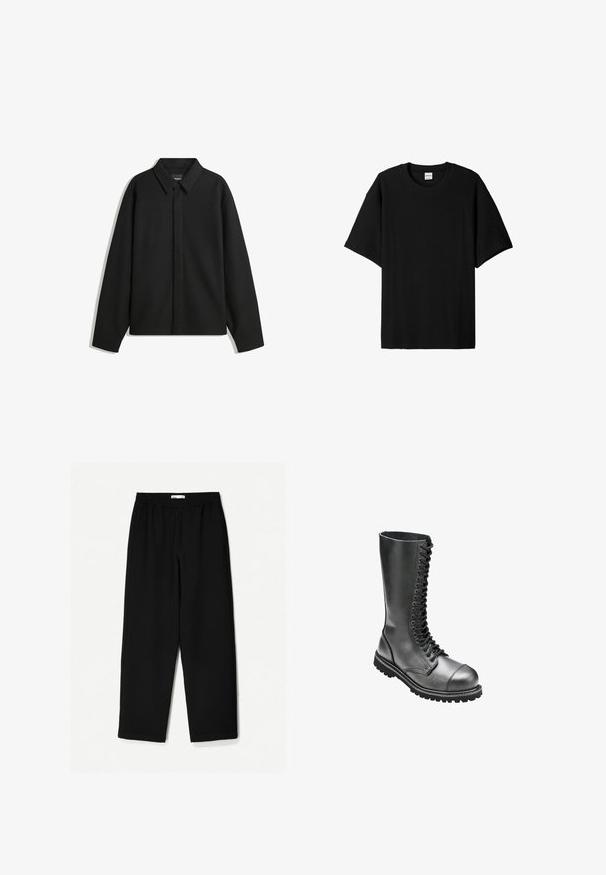 Fekete, hosszú ujjú ingdzseki hegyes gallérral, elülső gombolással és sima textúrával. Laid-back fit, lekonyult vállakkal.; Fekete, bordázott, rövid ujjú póló kerek nyakkal, laza szabással és textúrázott felülettel. Egyszerű dizájn; nincsenek rajta grafikák vagy díszítések.; Fekete, bő szárú nadrág könnyű anyagból. Rugalmas derékrésszel és sima felülettel rendelkezik. Nincsenek látható minták vagy hardverelemek.; Fekete bőrből készült, fűzős harci csizmák magas szárú kivitelben, kerek orral, párnázott gallérral és texturált gumitalppal a jobb tapadás érdekében.