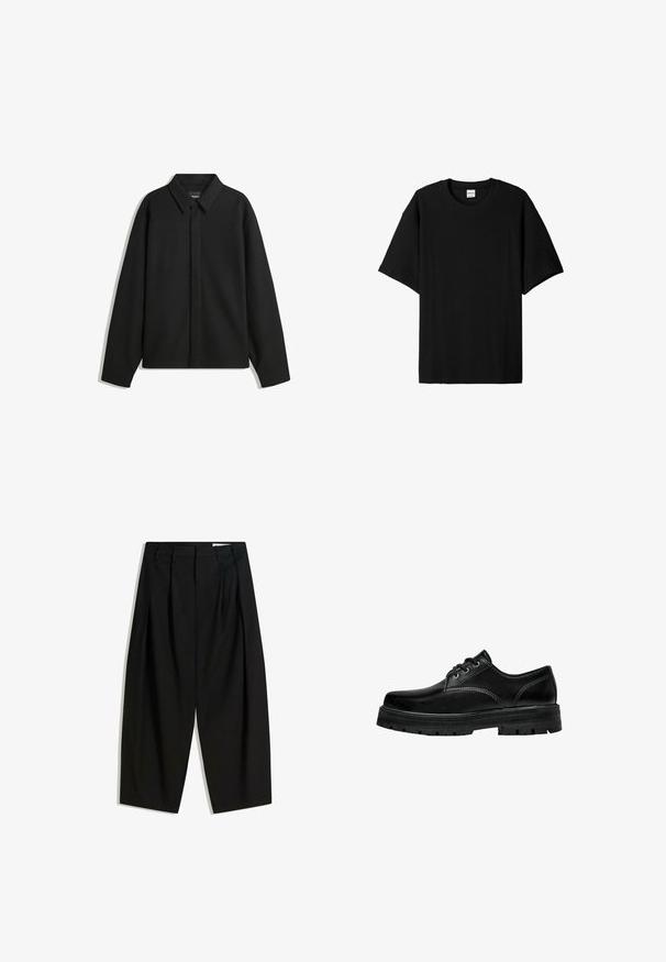 Jachetă neagră cu mâneci lungi și guler ascuțit, cu placket frontal și o textură netedă. Croială lejeră cu umeri lăsați.; Tricou scurt din bumbac, cu mânecă scurtă, de culoare neagră, prevăzut cu un guler rotund, având o croială lejeră și o suprafață texturată. Design simplu; fără grafică sau accente.; Pantaloni negri, cu talie înaltă, având un picior lat și scurt, cu pliseuri în față pentru un plus de textură și structură.; Pantofii din piele neagră, cu șireturi, au vârful rotunjit, un finisaj texturat și o talpă groasă din cauciuc, cu un profil adânc pentru aderență.