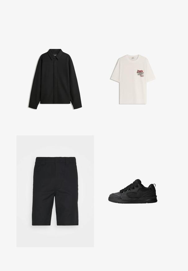 Jachetă neagră cu mâneci lungi și guler ascuțit, cu placket frontal și o textură netedă. Croială lejeră cu umeri lăsați.; Tricou din bumbac alb cu mâneci scurte și guler rotund. Prezentă un grafic imprimat cu text roșu și negru în zona stângă a pieptului.; Pantaloni scurți negri din bumbac cu croială dreaptă, cu bucle pentru curea și o finisare curată a tivului. Dispun de buzunare frontale ascunse și o textură netedă.; Adidași negri cu un lateral texturat, având șireturi, accente din plasă pentru respirabilitate, guler căptușit și o talpă rezistentă.