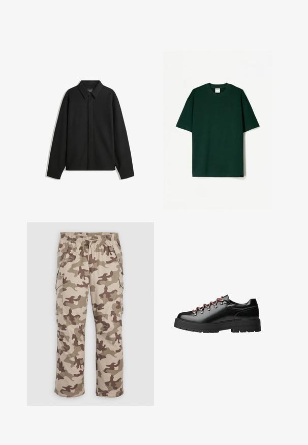 Fekete, hosszú ujjú ingdzseki hegyes gallérral, elülső gombolással és sima textúrával. Laid-back fit, lekonyult vállakkal.; Sötétzöld, rövid ujjú póló sima pamutanyagból, kerek nyakkivágással és egyenes, laza szabással.; Beige és barna álcázó katonai nadrág elasztikus derékbőséggel, zsinórral, valamint gombos oldalsó és elülső zsebekkel fehér háttér előtt.; Fekete bőrből készült túracipő, piros és fehér cipőfűzőkkel, nagy fűzőlyukakkal és masszív barázdált talppal a tapadásért és stabilitásért.