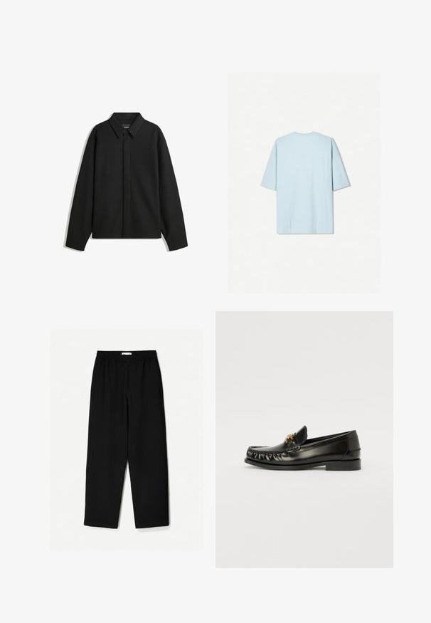 Svart långärmad skjortjacka med spetsig krage, frontknäppning och en slät yta. Avslappnad passform med sänkta axlar.; Ljusblå bomullströja med rundad halsringning, korta ärmar och en enkel ryggdesign som har en liten horisontell sömdetalj.; Svarta, vida byxor i lätt tyg. Har en elastisk midja och en mjuk textur. Inga synliga mönster eller detaljer.; Svarta läderloafers med rund tå, med en guld dekoration på ovandelen och subtila stygn längs kanterna. Platt sula.