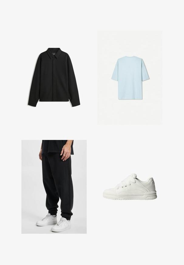 Fekete, hosszú ujjú ingdzseki hegyes gallérral, elülső gombolással és sima textúrával. Laid-back fit, lekonyult vállakkal.; Világoskék pamut póló, kerek nyakkivágással, rövid ujjakkal és egy egyszerű hátoldallal, amelyen egy kis vízszintes varrás található.; DEF Tréningruha alsók - black washed; Fehér sportcipők sima bőrből, párnázott nyelvvel, lapos fűzőkkel, és textúrázott részletekkel az oldalakon és a sarkon.